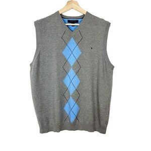 Tommy Hilfiger Argyle Gray Blue Cotton Sweater Vest XXL V-Neck Academia Preppy